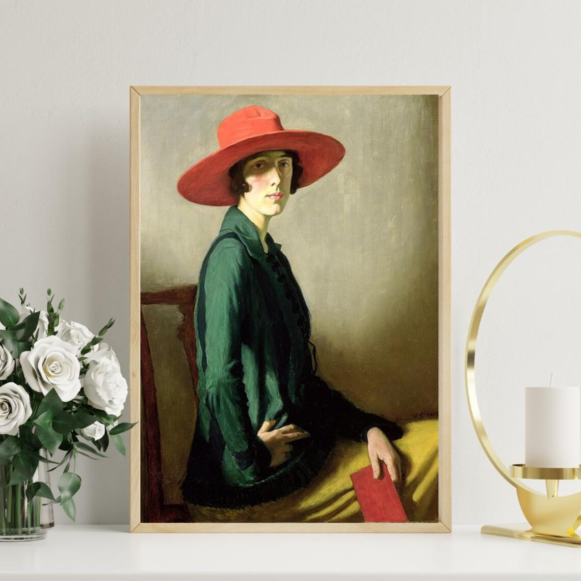 Elegant Vintage Woman in a Red Hat and Green Coat Portrait Poster - Image 3
