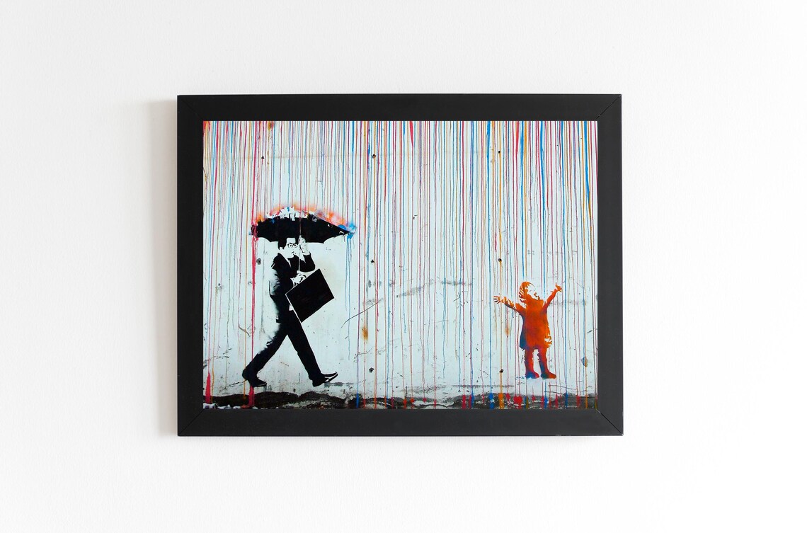 Umbrella Man And Child In Rain Colorful Street Art Canvas Poster - Image 3