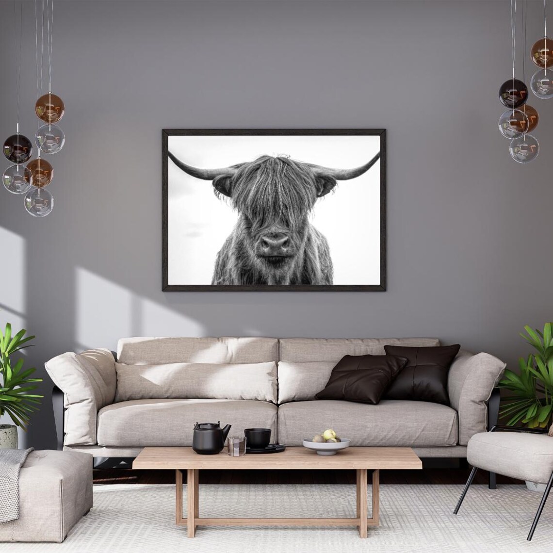 Highland Cow Close-Up Black and White Minimalist Photo Poster - Image 2