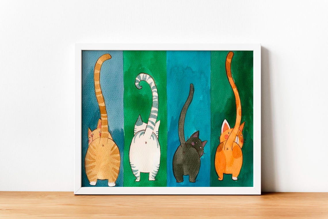 Four Cats From Behind With Tails Up Watercolor Funny Cat Art Poster