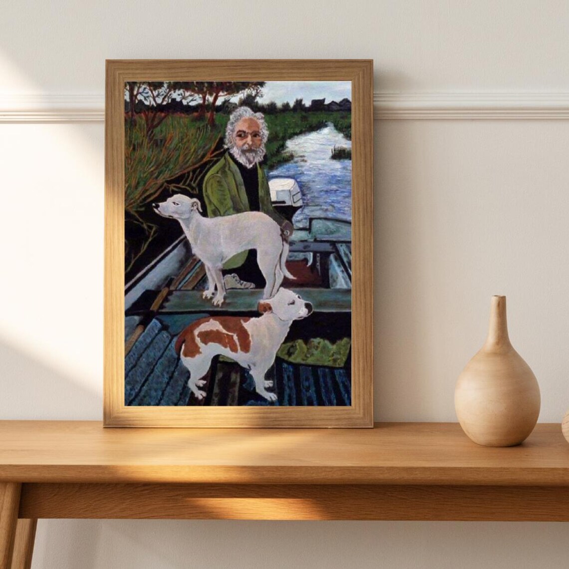 Bearded Old Man With Two Dogs in a Small Boat River Painting Poster - Image 4