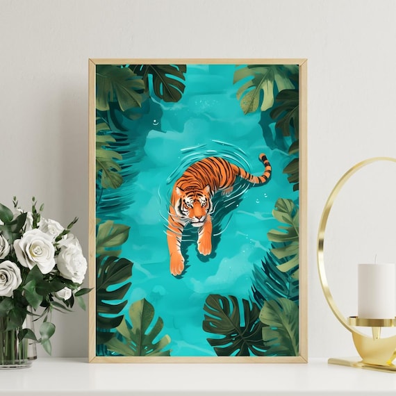 Swimming Tiger Turquoise Water Tropical Jungle Aerial View Poster
