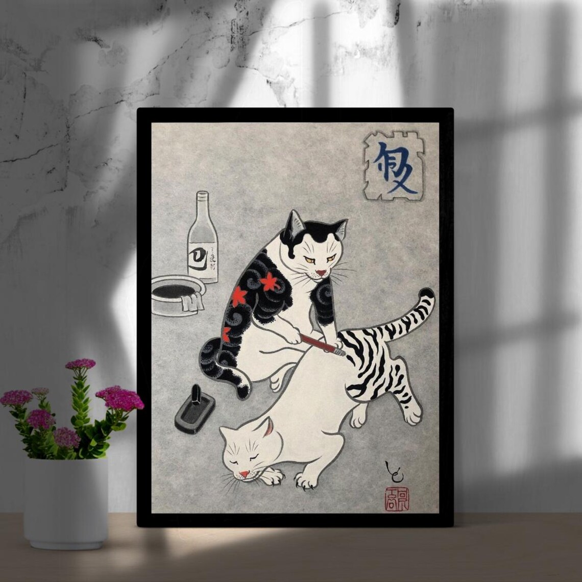 Tattoo Artist Cat Painting Tiger Stripes on White Cat Funny Poster - Image 3