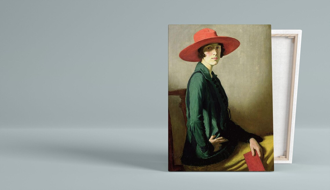 Woman In Red Hat And Green Jacket Vintage Oil Portrait Art Poster - Image 3