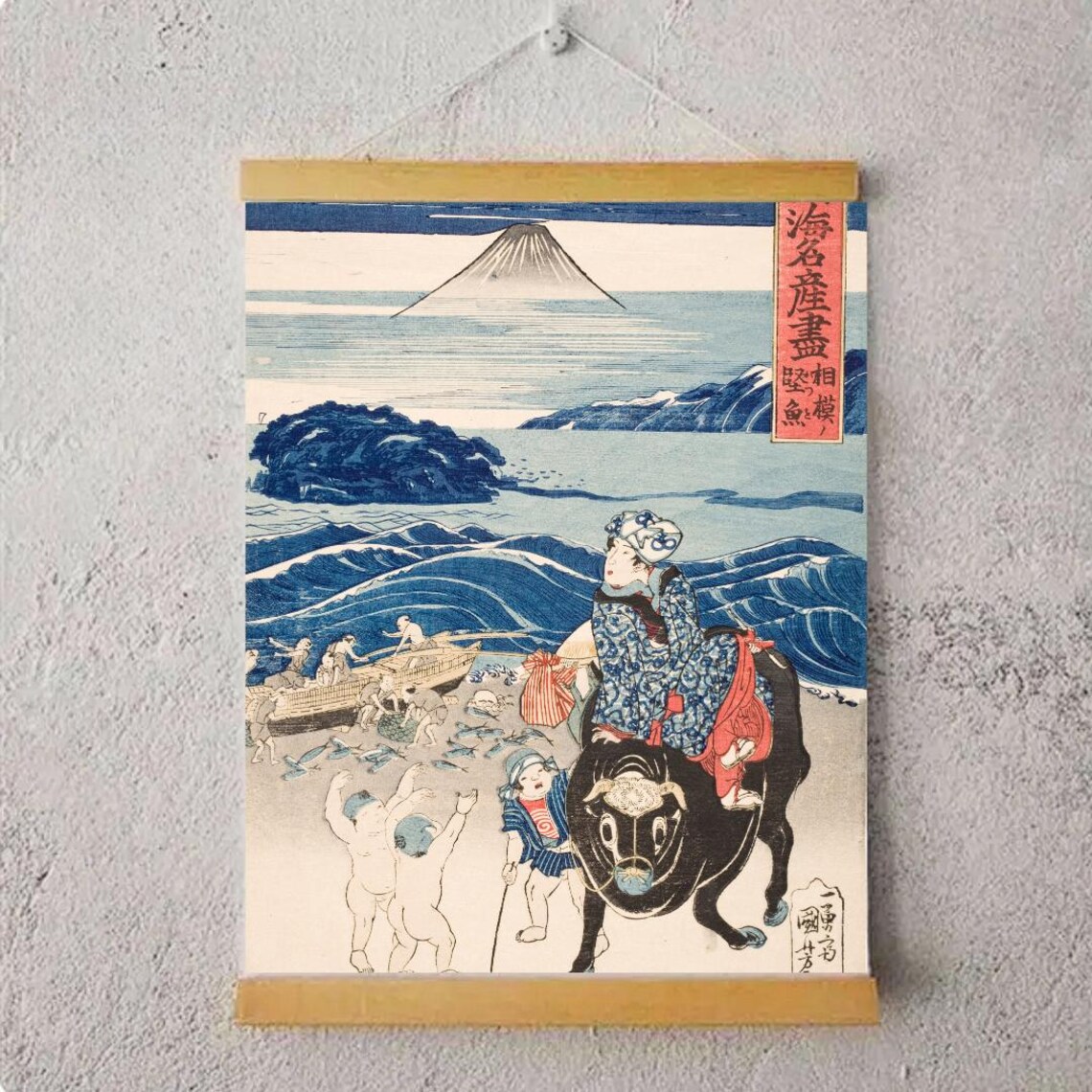 Mount Fuji Beach Scene With Woman Riding an Ox Ukiyo-e Poster - Image 4