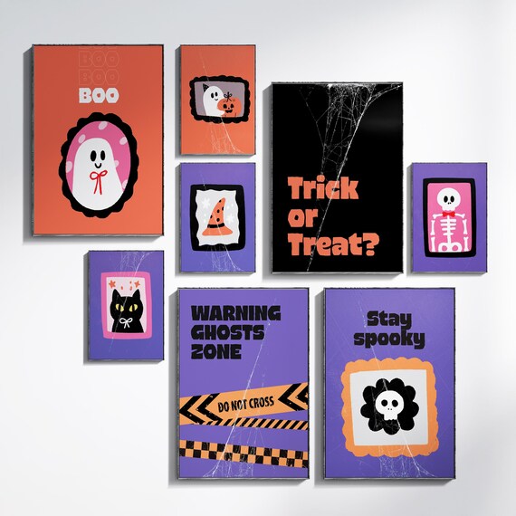 Halloween Wall Art Set Spooky Cute Posters Trick Or Treat Skeleton Cat Witch Decor