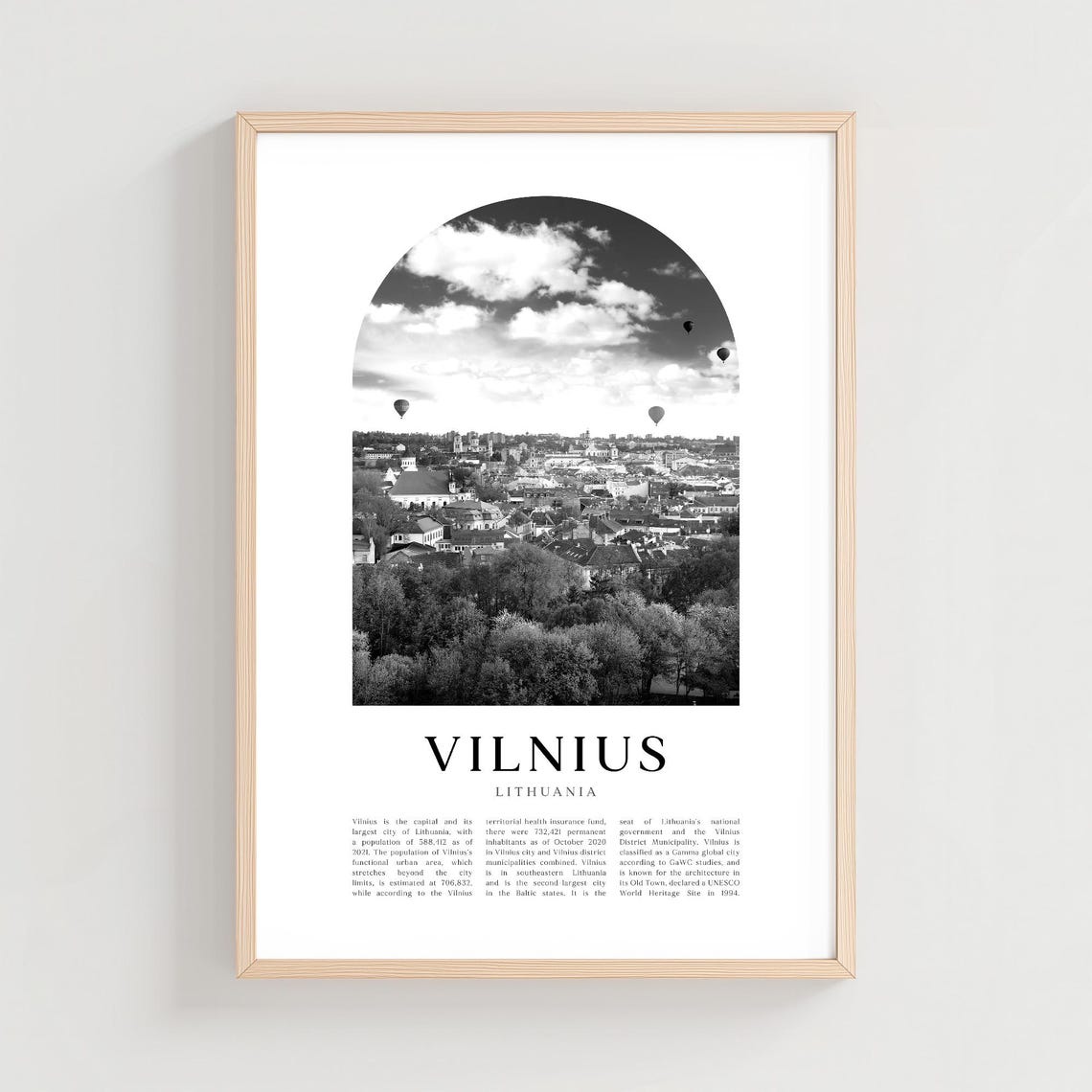 Vilnius Lithuania Hot Air Balloons Black White Travel Poster