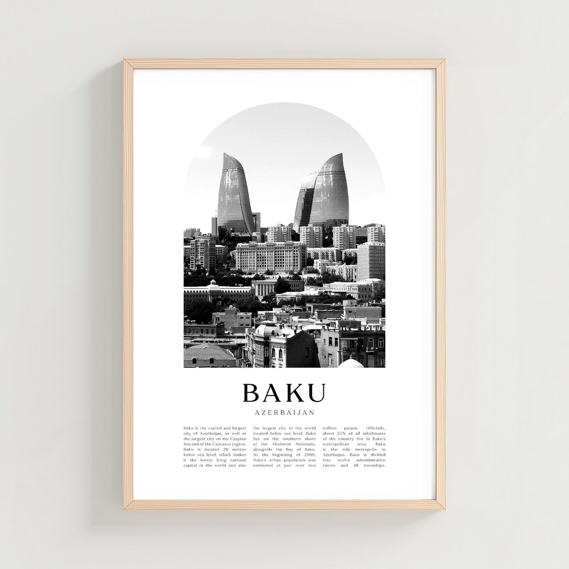 Baku Azerbaijan Flame Towers Skyline Black White Photography Print