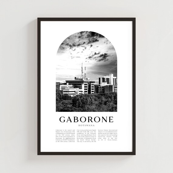 Gaborone Botswana Skyline Black And White City Arch Travel Poster