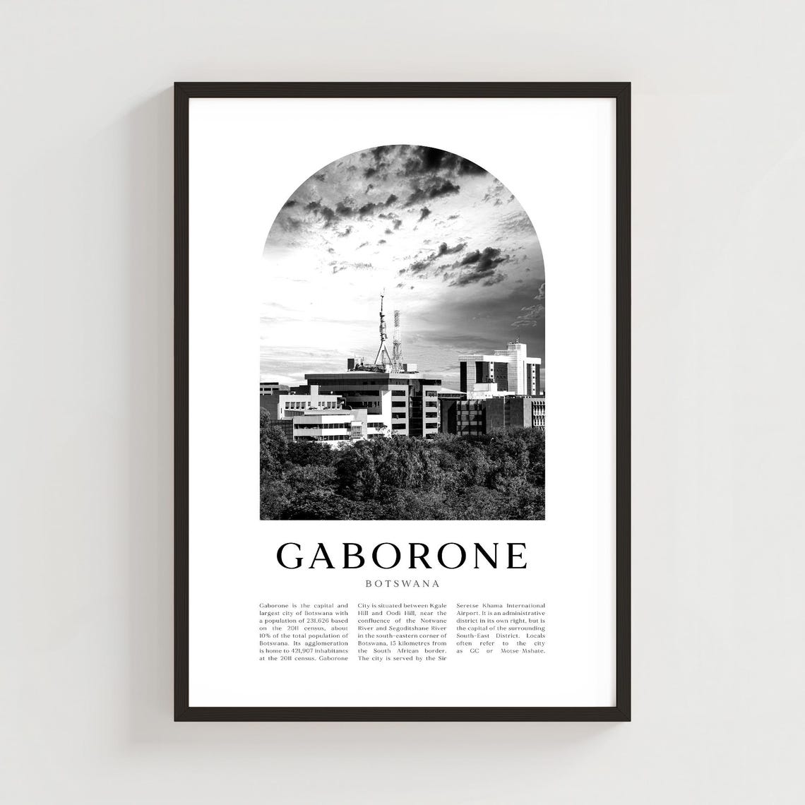 Gaborone Botswana Skyline Black And White City Arch Travel Poster