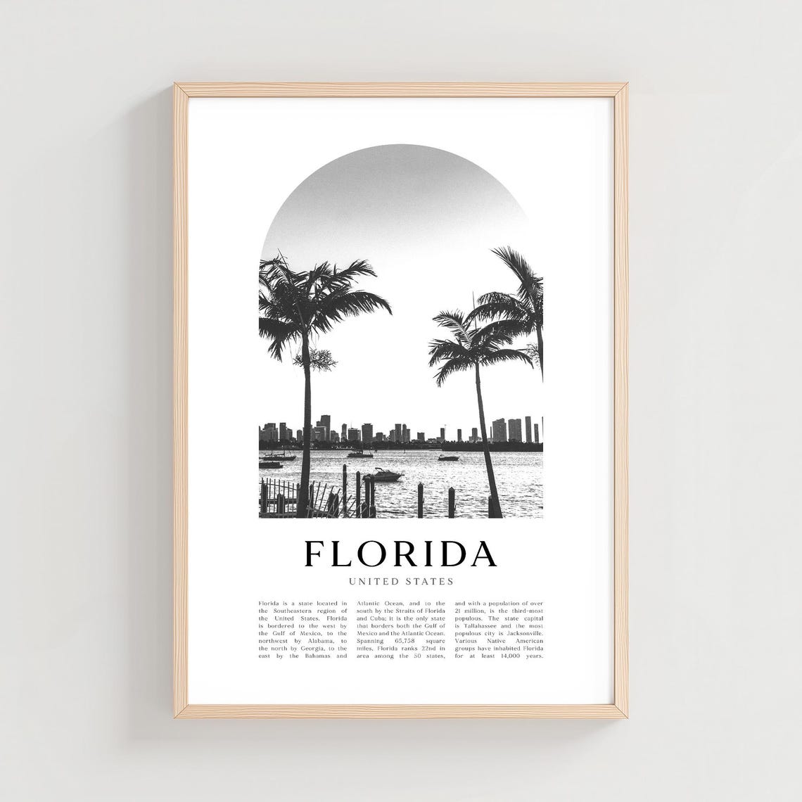 Florida Palm Trees Waterfront Skyline Black White Photo Poster