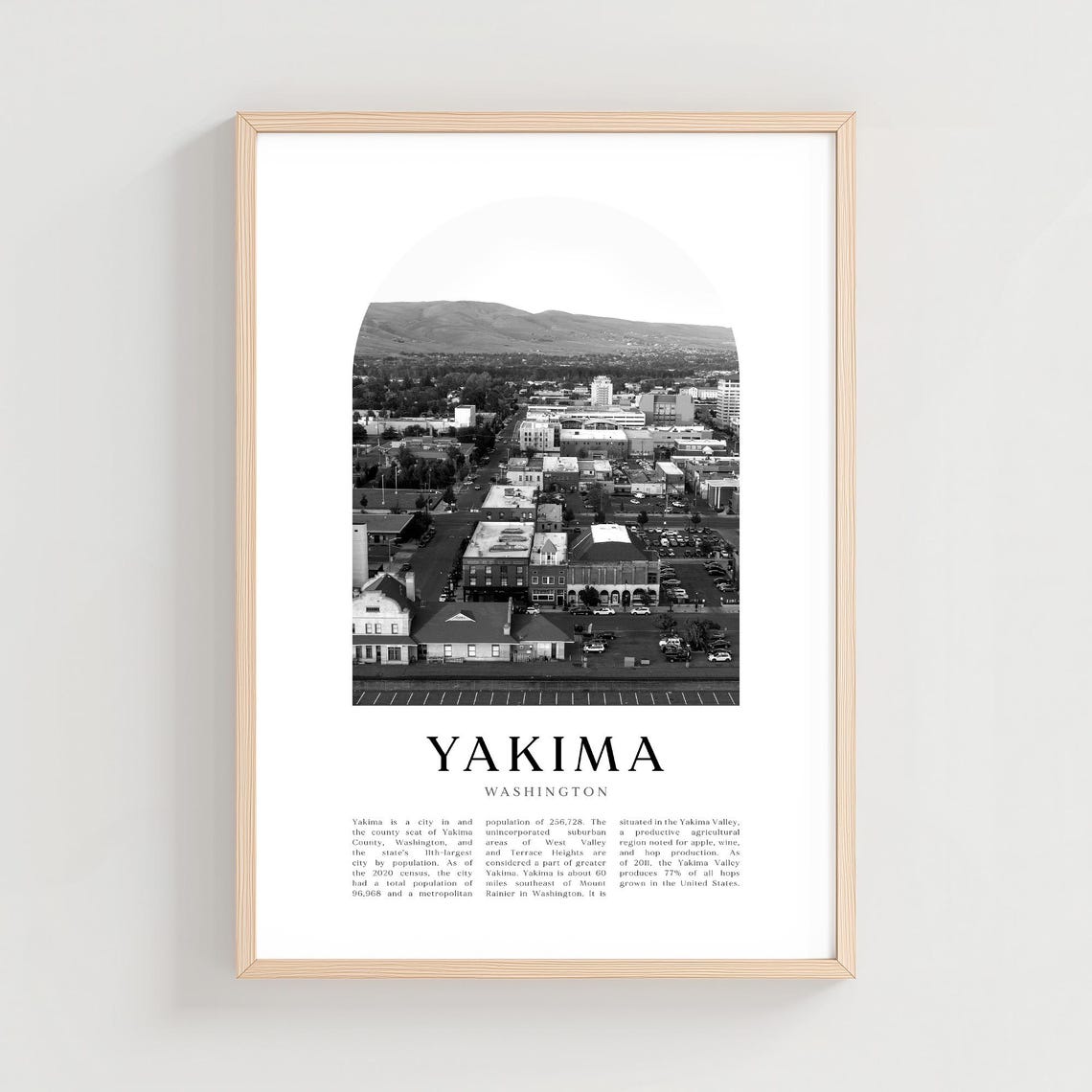 Yakima Washington Aerial Downtown Black and White City Poster