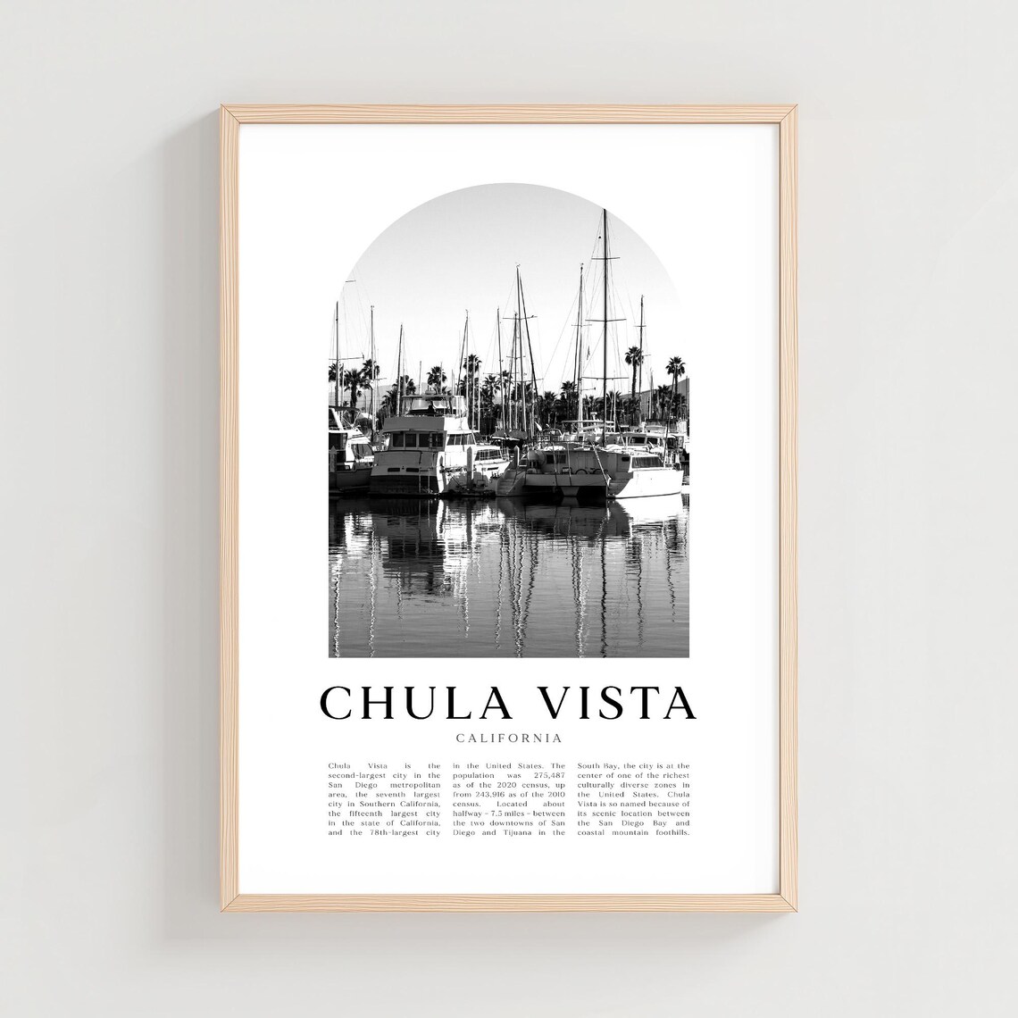 Chula Vista California Marina Sailboats Black and White City Print