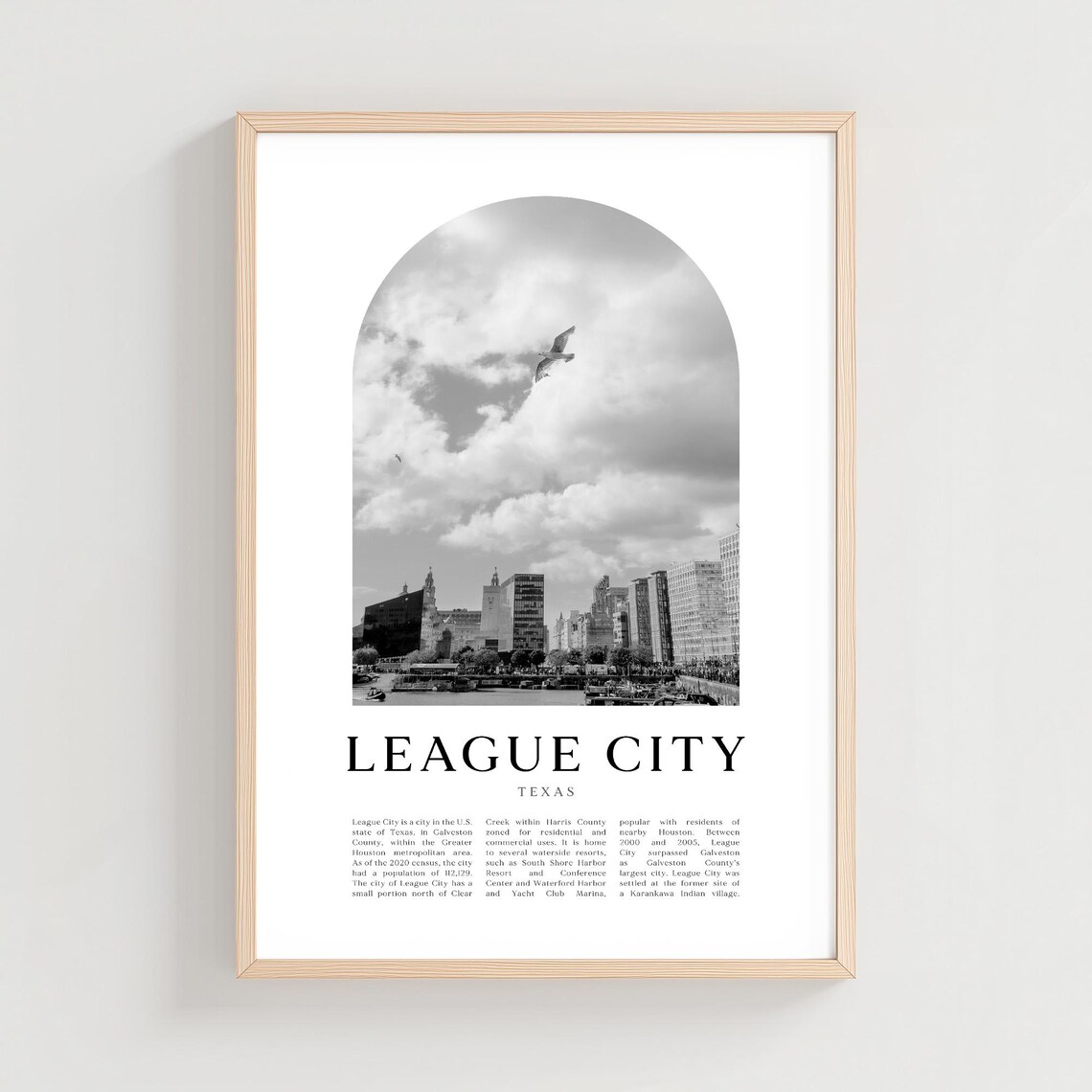 League City Texas Black and White Waterfront Harbor Seagull Arch Poster