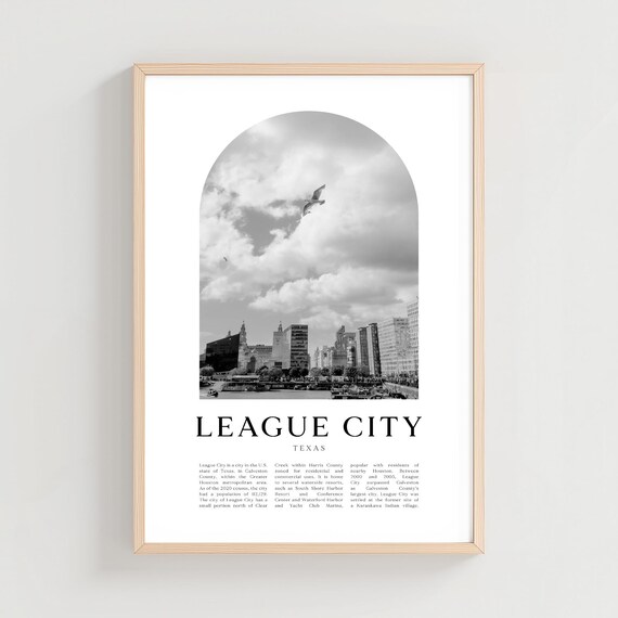 League City Texas Black and White Waterfront Harbor Seagull Arch Poster