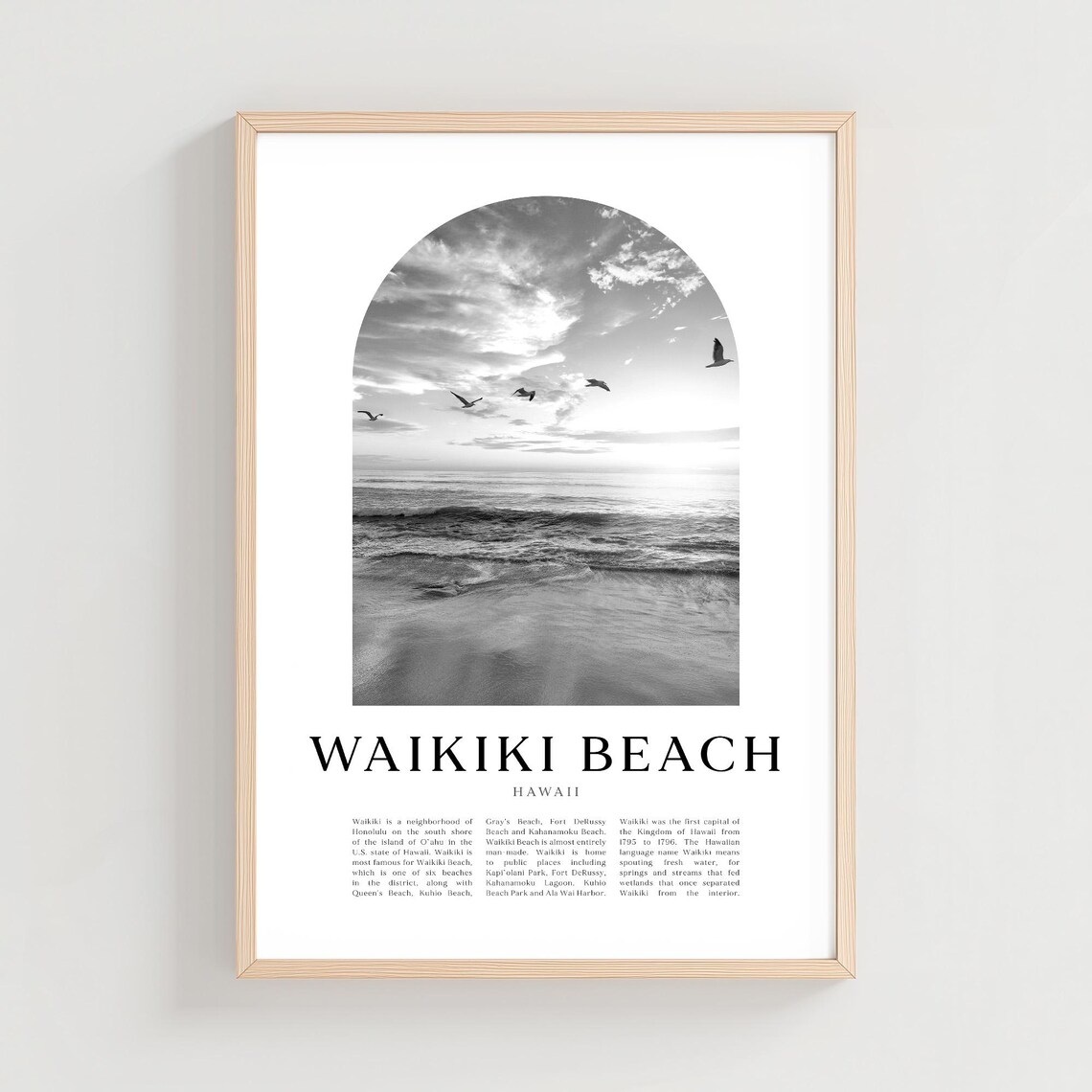 Waikiki Beach Hawaii Black and White Ocean Sunset Arch Photo Travel Poster