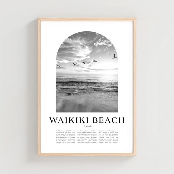 Waikiki Beach Hawaii Black and White Ocean Sunset Arch Photo Travel Poster