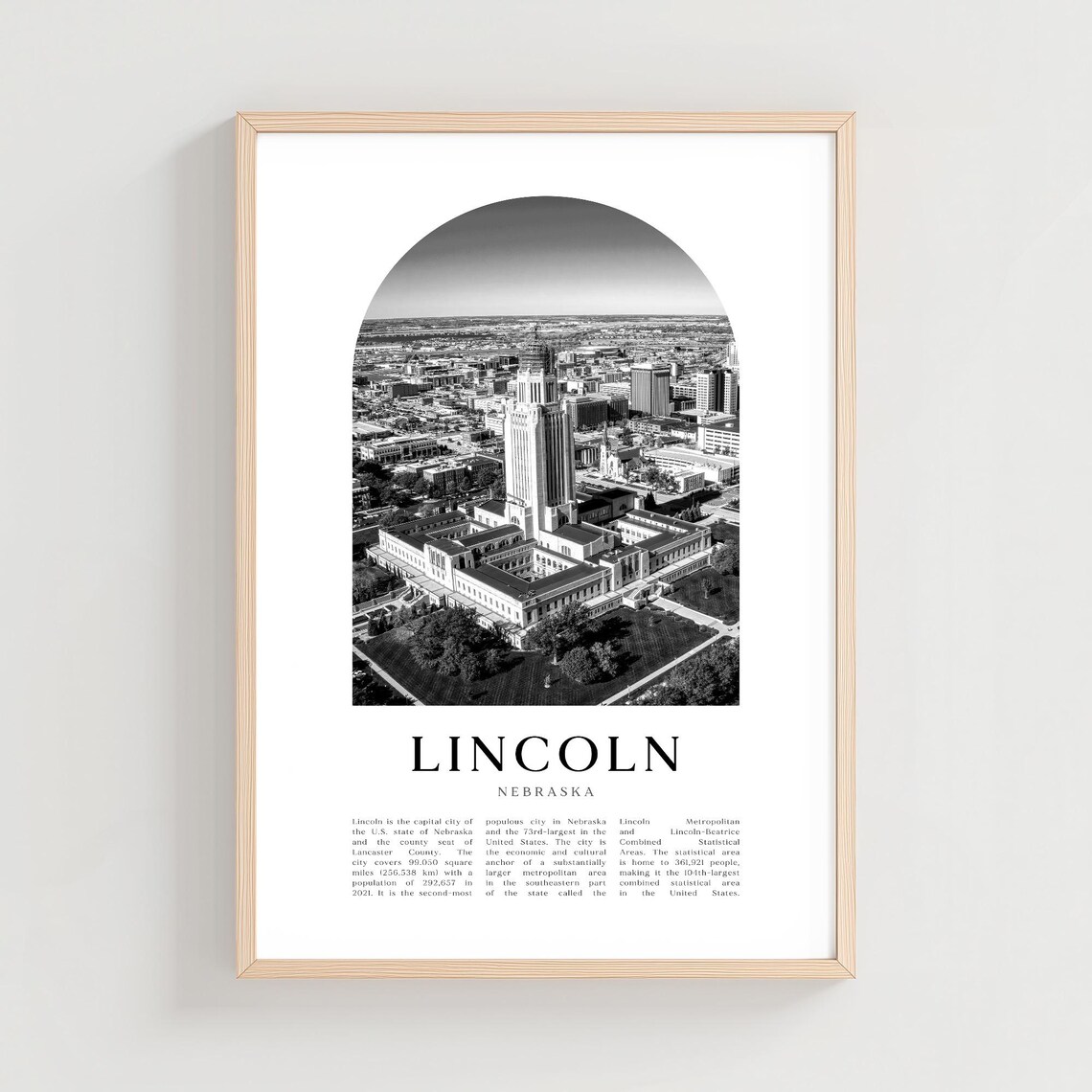Lincoln Nebraska Aerial Capitol Building Black and White City Print