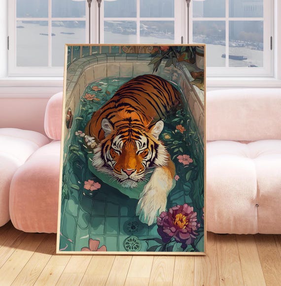 Tiger In Bath Retro Bathroom Art Print