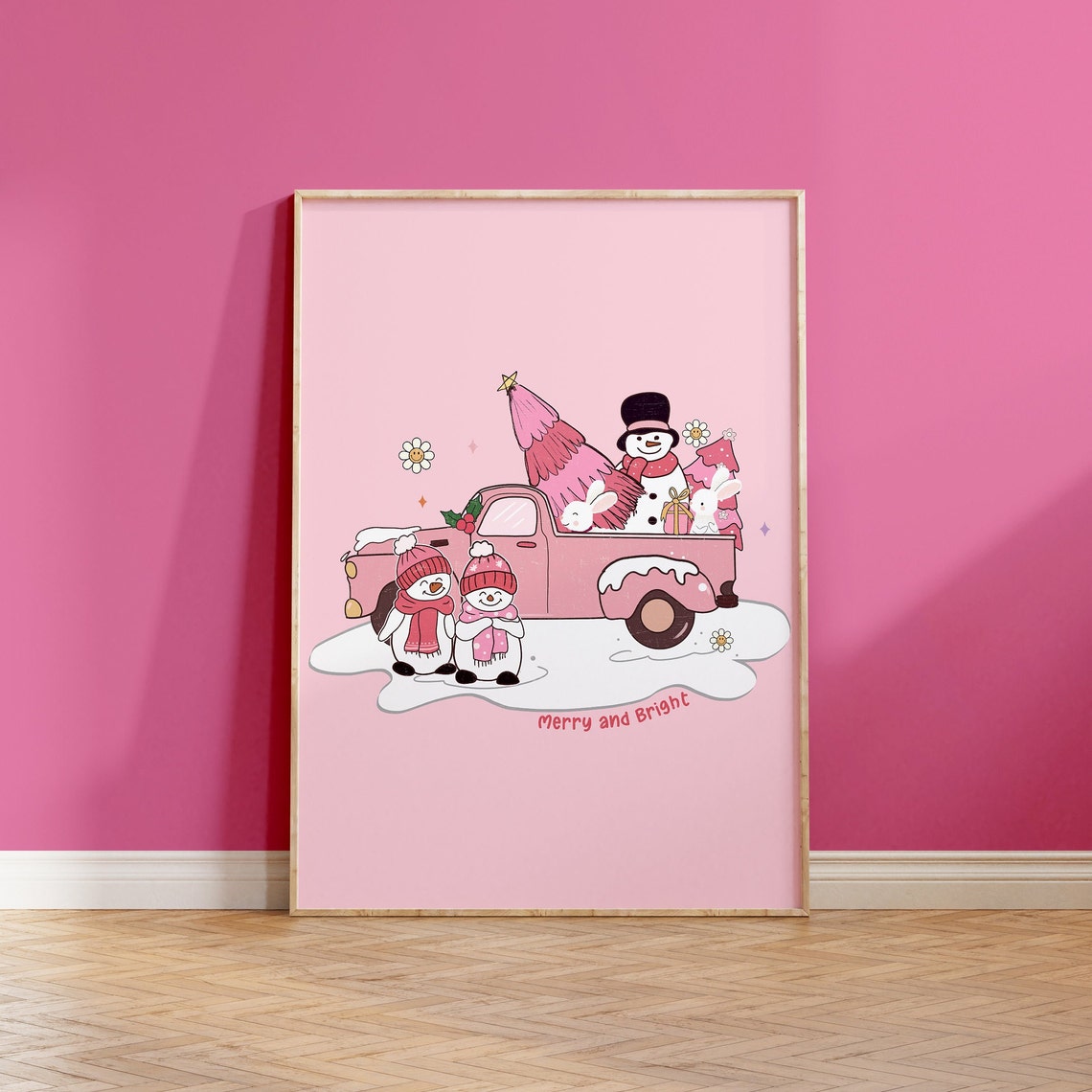 Merry And Bright Pink Christmas Truck Snowman Holiday Art Poster