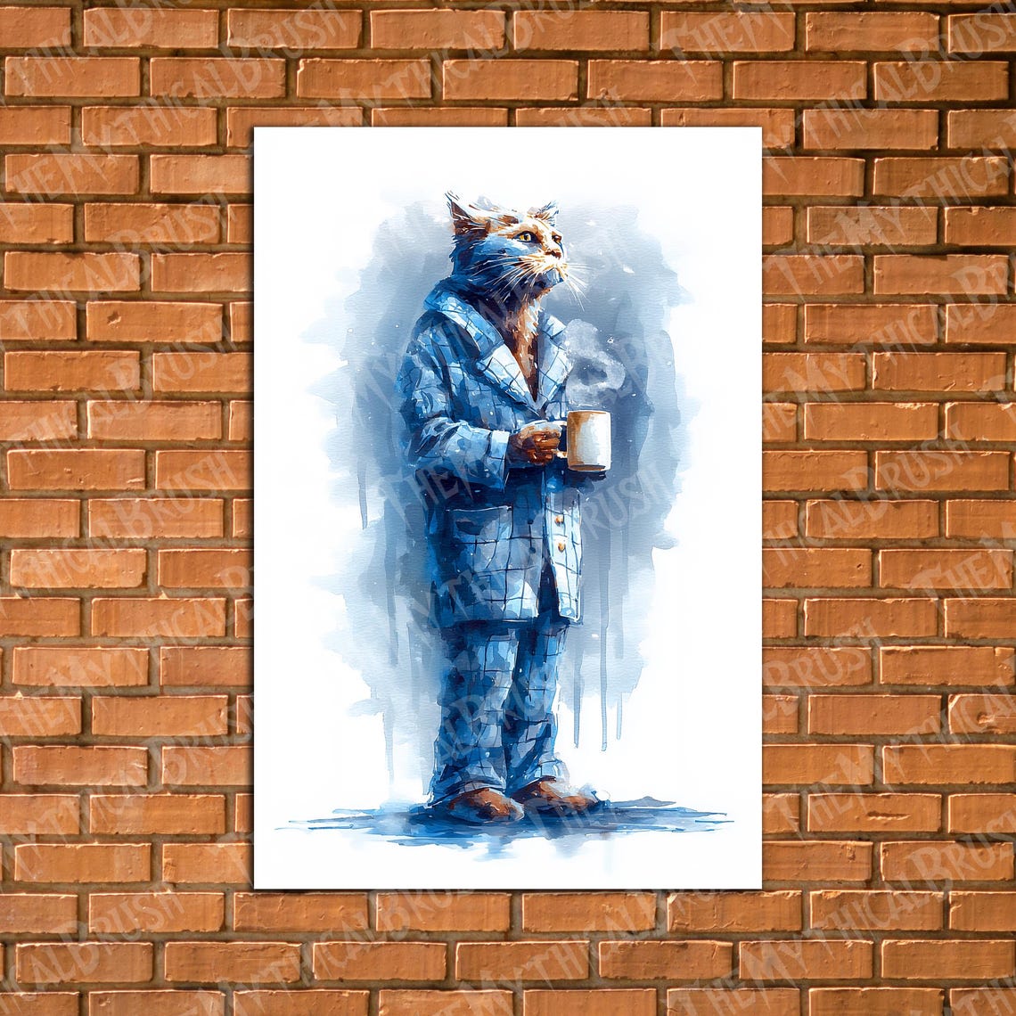 Cute Cat in Pajamas Drinking Coffee Watercolor Animal Wall Art