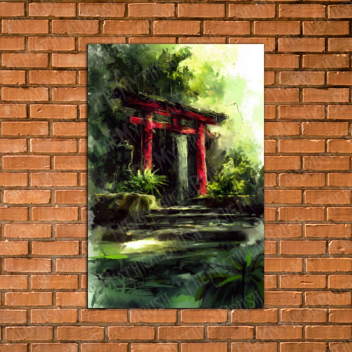 Red Torii Gate Japan Green Watercolor Forest Shrine Art Poster