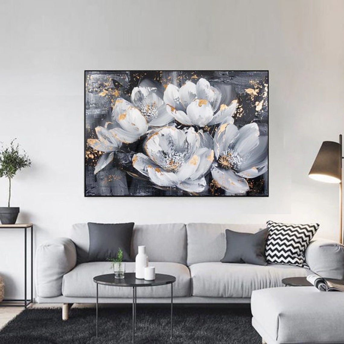 Abstract Gardenia Oil Painting With Gold Accents On Black And Grey Background Textured 3d Floral Art For Living Room Bedroom And Entryway - Image 6