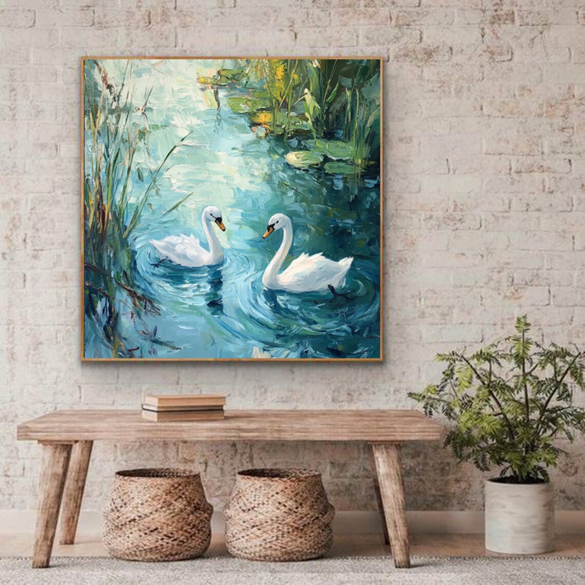 Swans With Water Plants, Abstract Oil Painting - Image 3