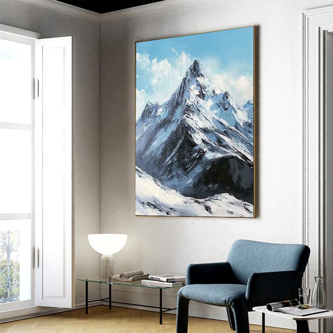 Snow Capped Mountain Peak Under Clear Blue Sky Vertical Art Poster - Image 2
