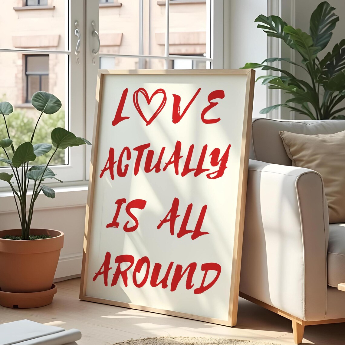 Love Actually Is All Around Red Heart Typography Love Quote Print