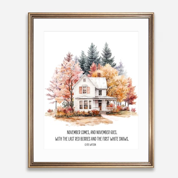 November Quote Farmhouse Watercolor Last Red Berries First White Snows Poster