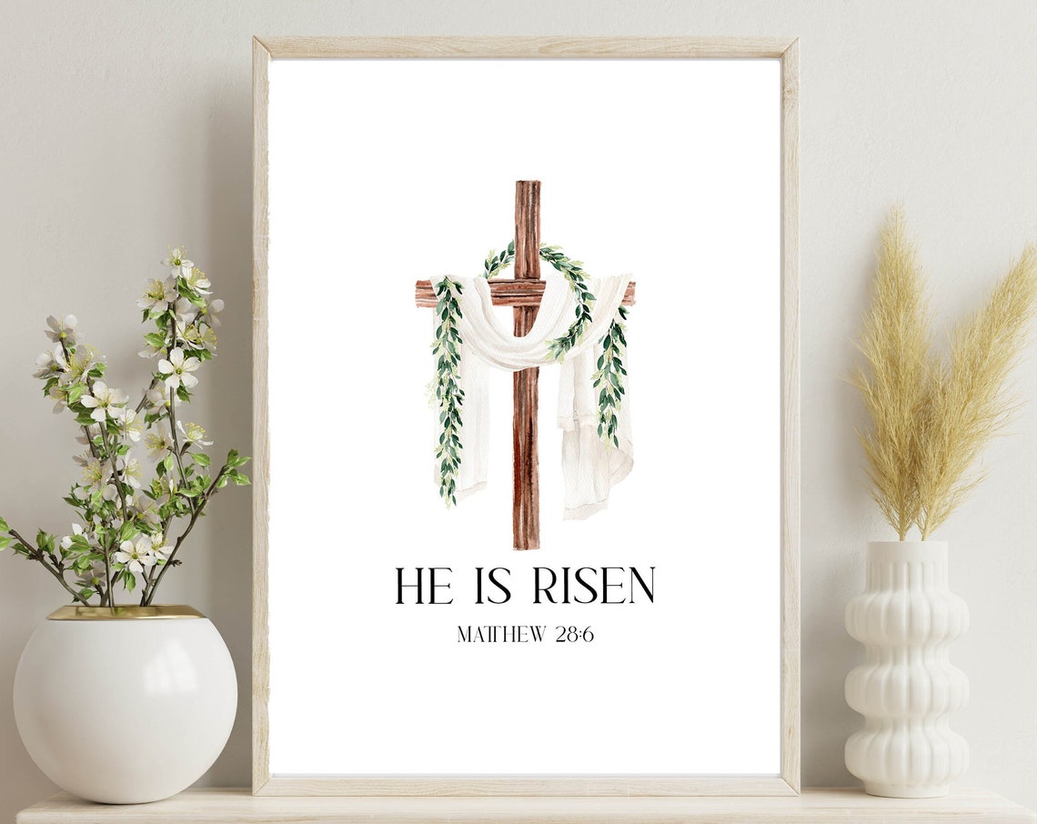 He Is Risen Matthew 28:6 Wooden Cross Easter Watercolor Poster