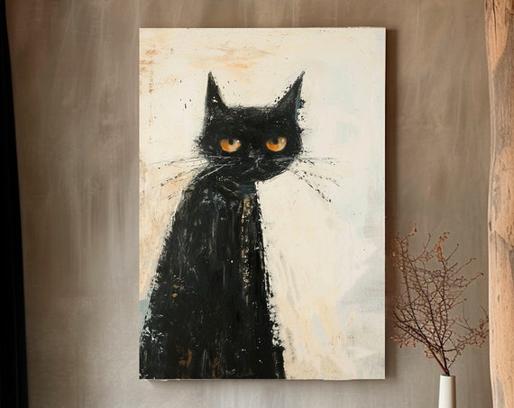 Funny Cat Illustration Vintage Painting Of A Black Cute Picture Wall Poster Print Lovely Art