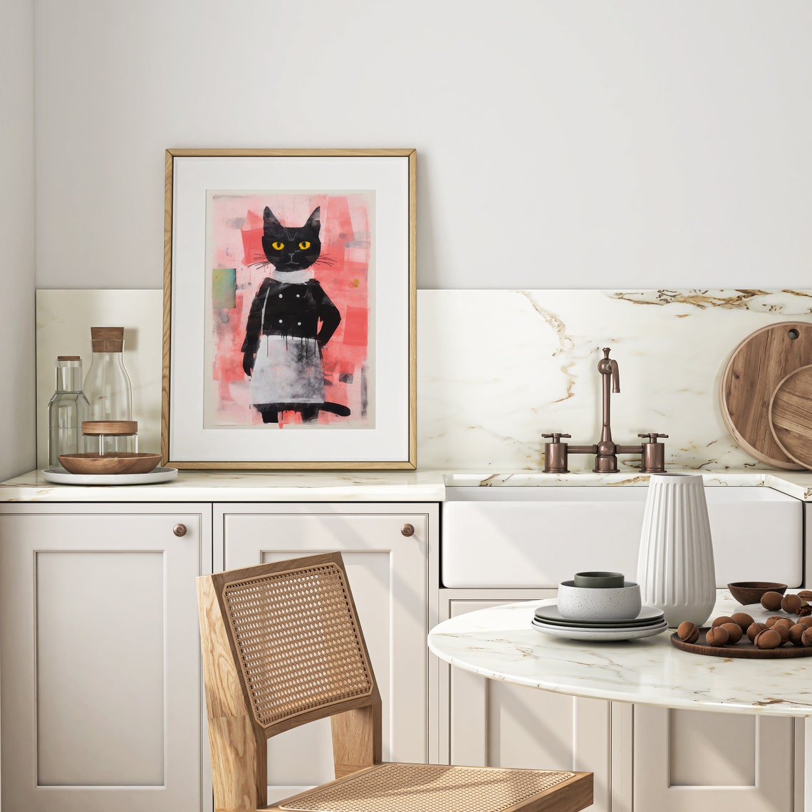 Funny Black Chef Cat Watercolor Painting Whimsical Kitchen Wall Poster - Image 2