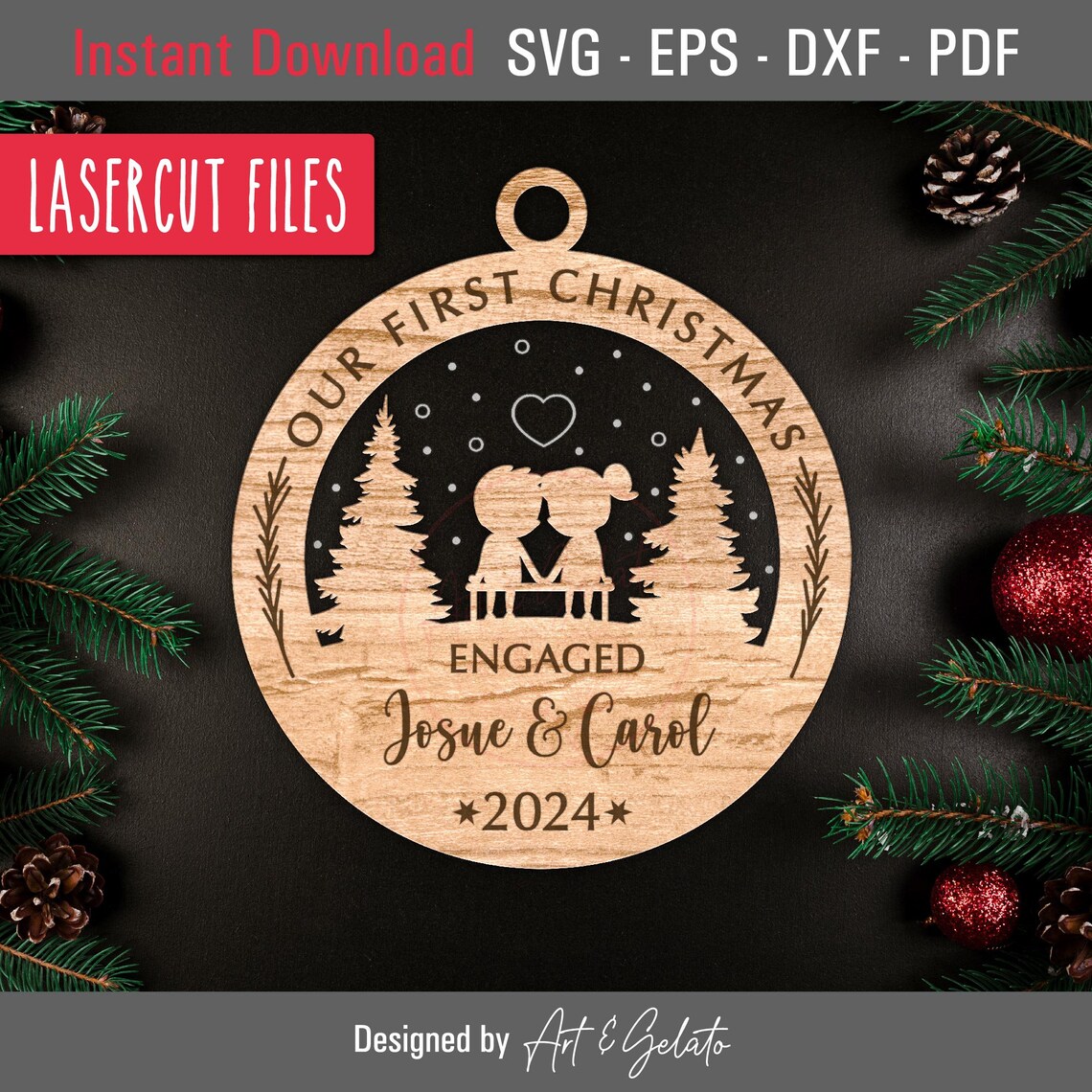 Our First Christmas Engaged 2024 Ornament Art Print