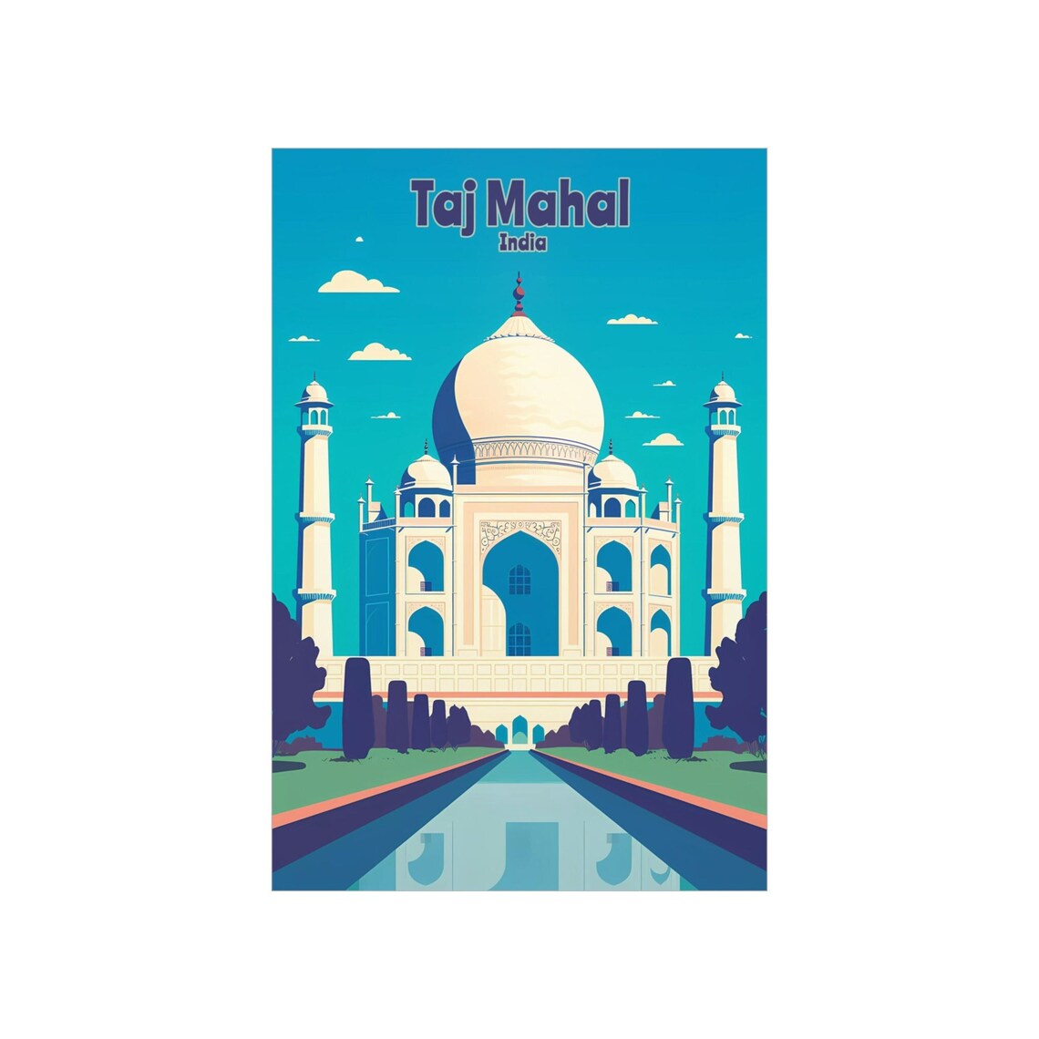Taj Mahal India Ivory Dome Vintage Travel Poster Bright Blue Sky