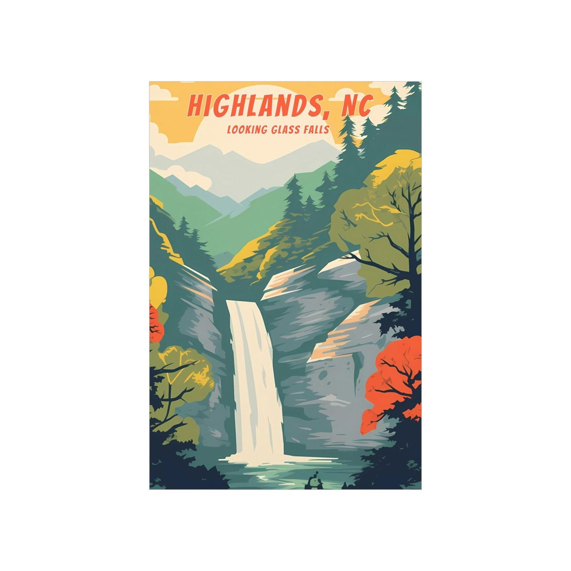 Highlands NC Looking Glass Falls Waterfall Retro Travel Poster