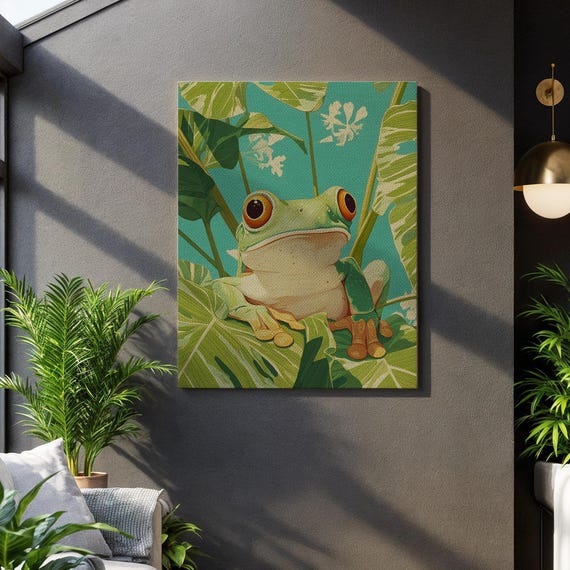 Red Eyed Frog Tropical Leaf Pattern Vibrant Jungle Scene Exotic Amphibian Display Serene Rainforest Backdrop Unique Wildlife Gift