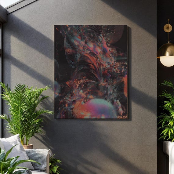 Futuristic Abstract Canvas Dark Glitch Wall Print Cosmic Techno Wave Texture Moody Cyber Artwork For Modern Interiors