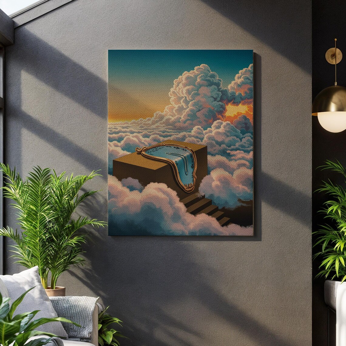 Surreal Pool Floating In Clouds Dreamy Staircase Sunset Canvas Wall Art
