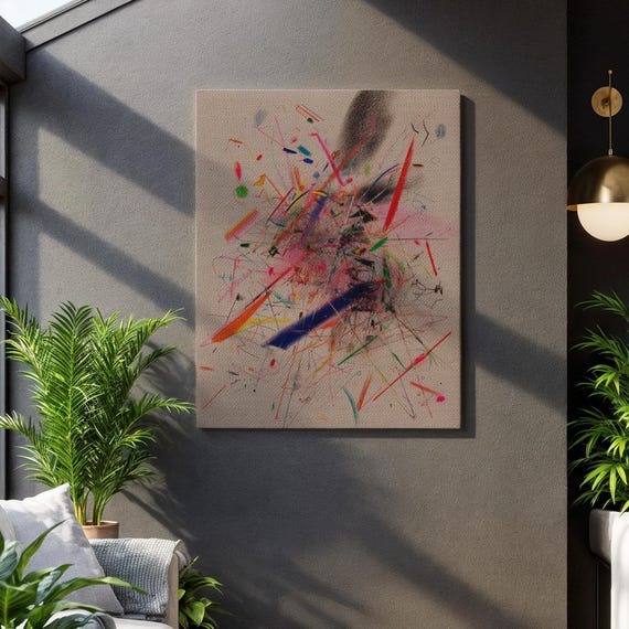 Colorful Abstract Canvas Wall Art Energetic Chaos Painting With Spray And Marker Lines Modern Expressionist Print For Bold Home Decor