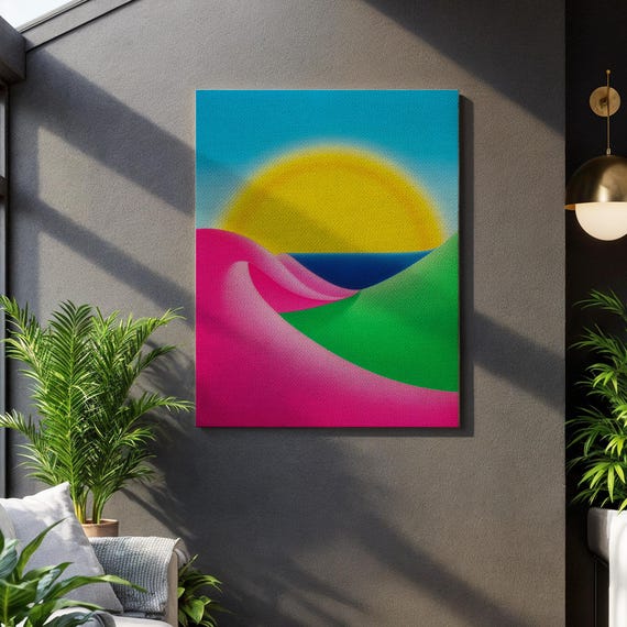 Abstract Sunset Landscape Wall Art Colorful Geometric Hills Canvas Print Modern Minimalist Beach Painting For Bright Contemporary Decor