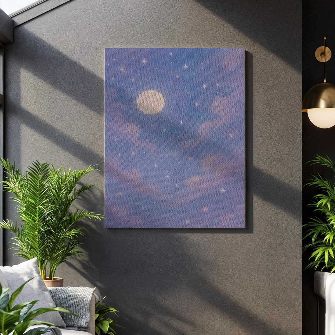 Pastel Moon And Stars Dreamy Night Sky Purple Canvas Wall Art