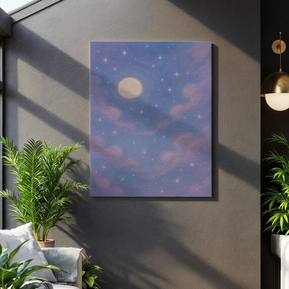 Pastel Moon And Stars Canvas Art Dreamy Night Sky Print With Soft Clouds Celestial Nursery Wall Decor Framed Relaxing Bedroom Gift