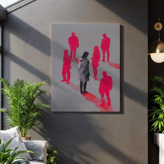 Surreal People Wall Art Modern Conceptual Poster Red Gaze Social Commentary Print Abstract Society Canvas Eye Contact Decor