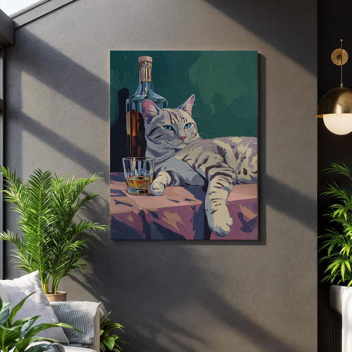Charming Relaxed Tabby Cat with Whiskey Glass Painterly Cat Poster