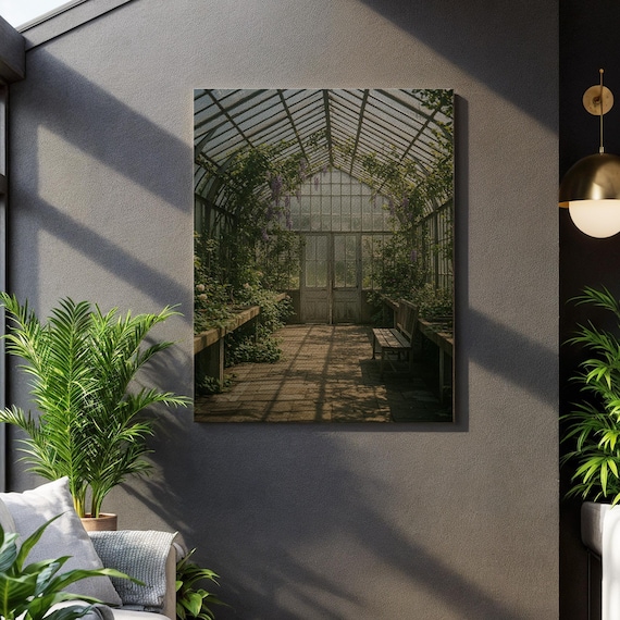Vintage Glass Greenhouse Sunlit Botanical Garden Interior Poster
