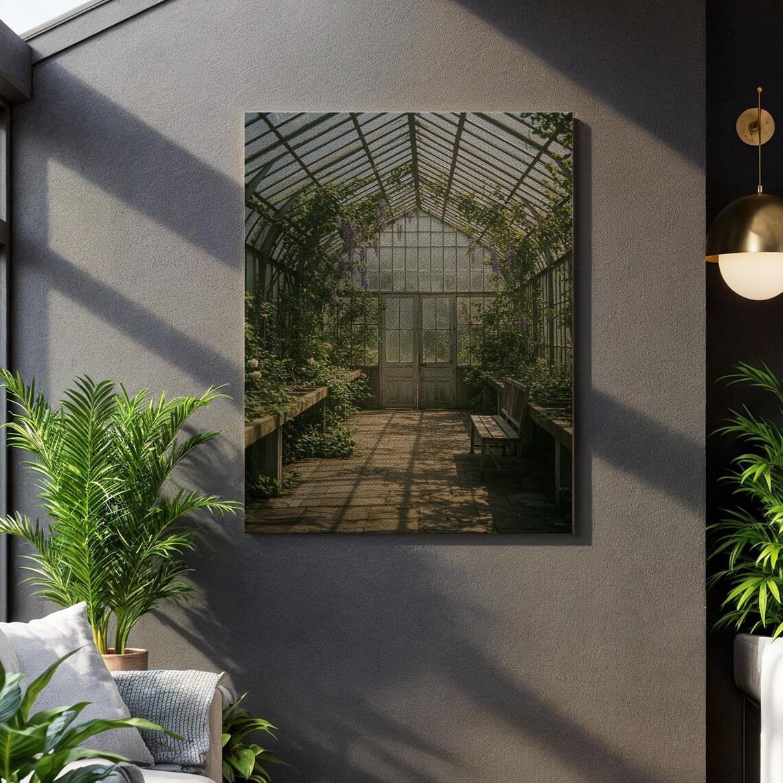 Vintage Glass Greenhouse Sunlit Botanical Garden Interior Poster
