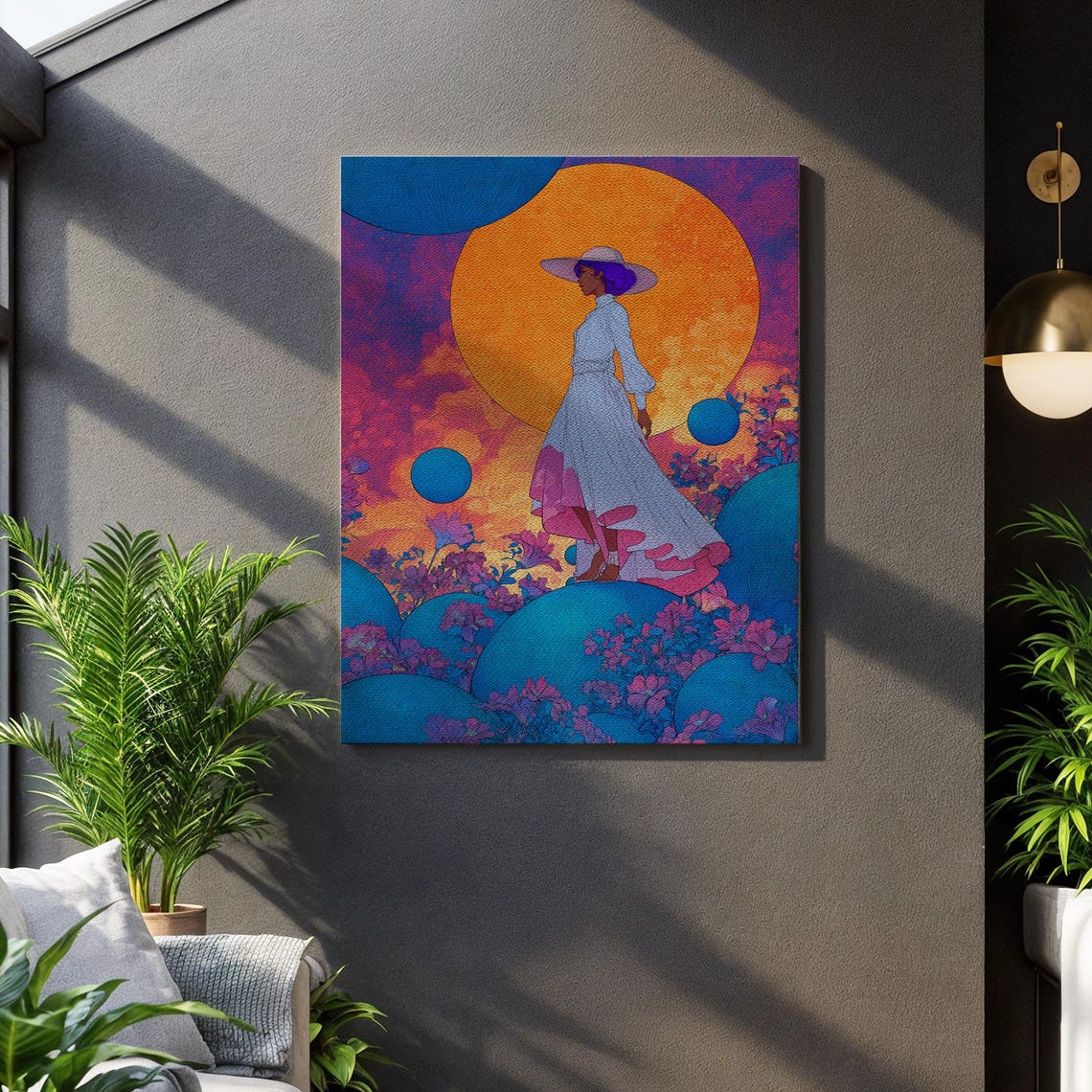 Ethereal Woman White Dress Sun Hat Dreamy Floral Sunset Art Poster