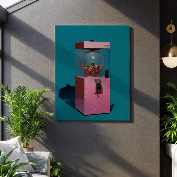 Retro Gumball Machine Canvas Print Pink Bubblegum Pop Art Wall Decor Minimalist Candy Poster Framed 90s Nostalgia For Playful Homes